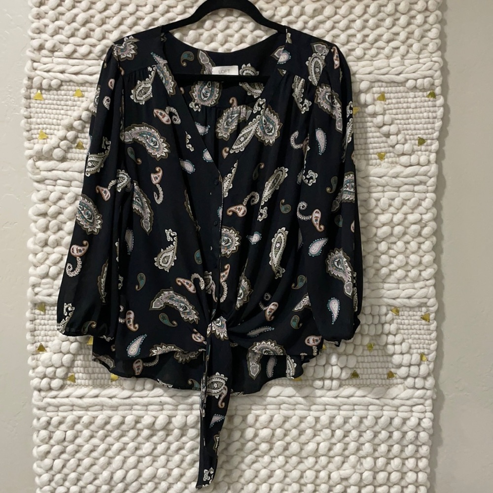 Loft - black paisley print blouse with front tie